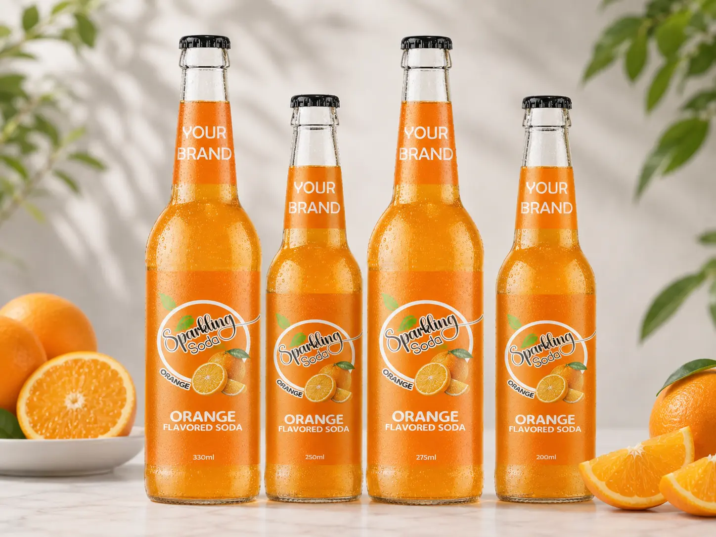 SPARKLING FLAVORED SODA Orange in 330ml, 250ml, 275ml, and 200ml glass bottles.